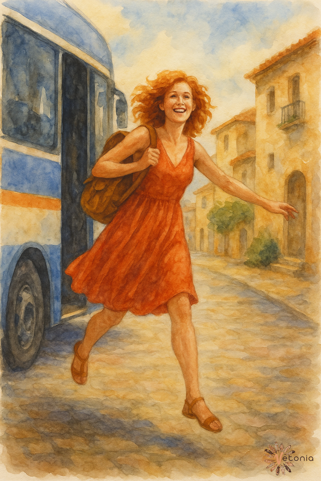 Woman jumping off bus