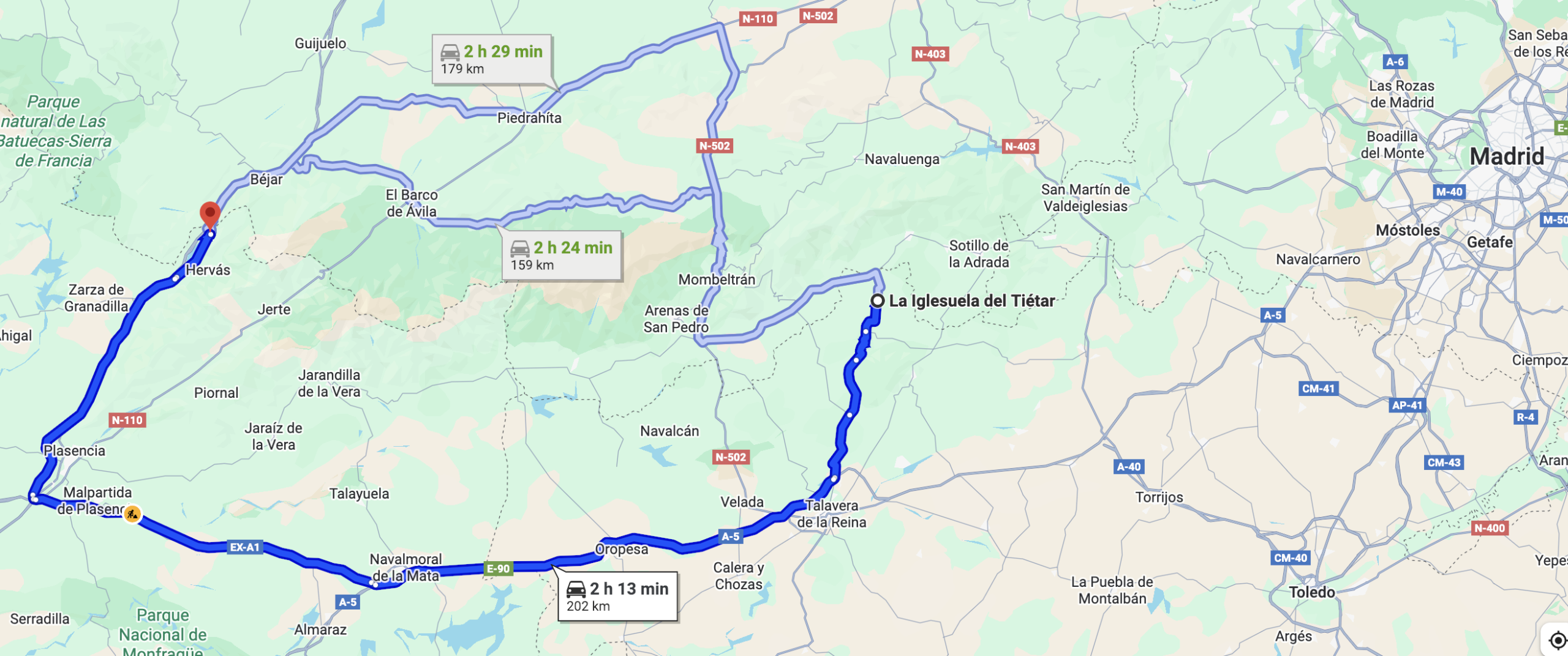 Mapa que muestra la ruta desde La Iglesuela del Tiétar a Balneario Baños de Montemayor