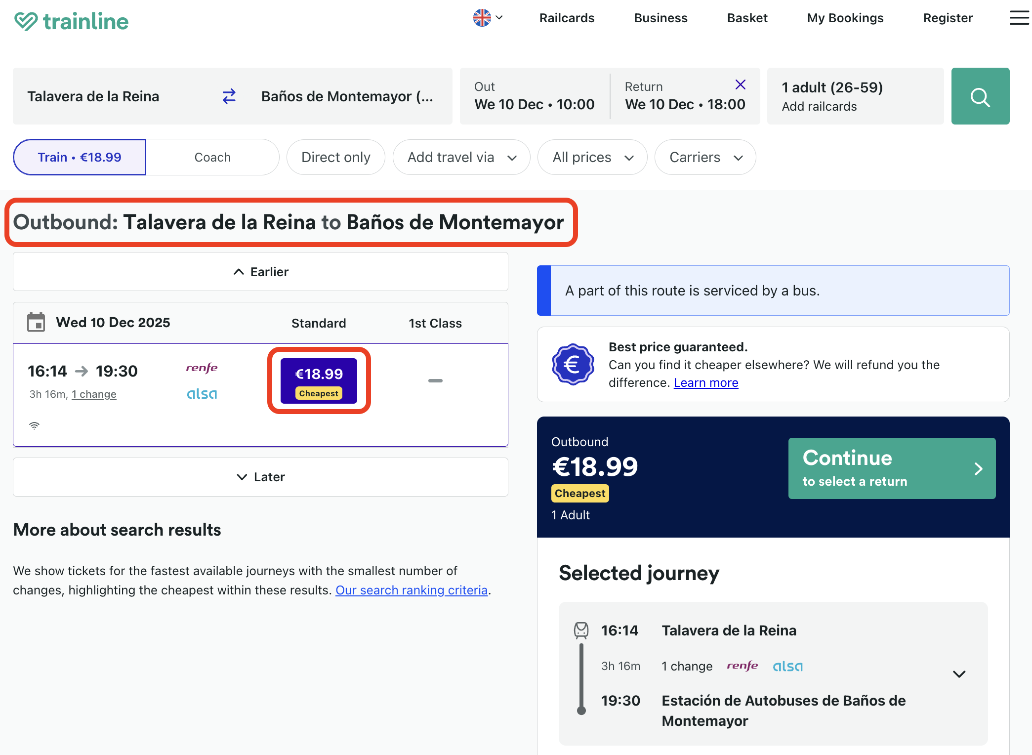Screenshot of Trainline showing a train trip to Baños de Montemayor