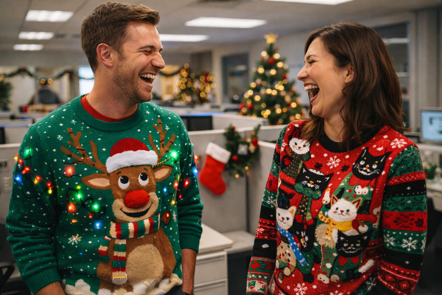 Office workers wearing ugly Christmas sweaters and laughing